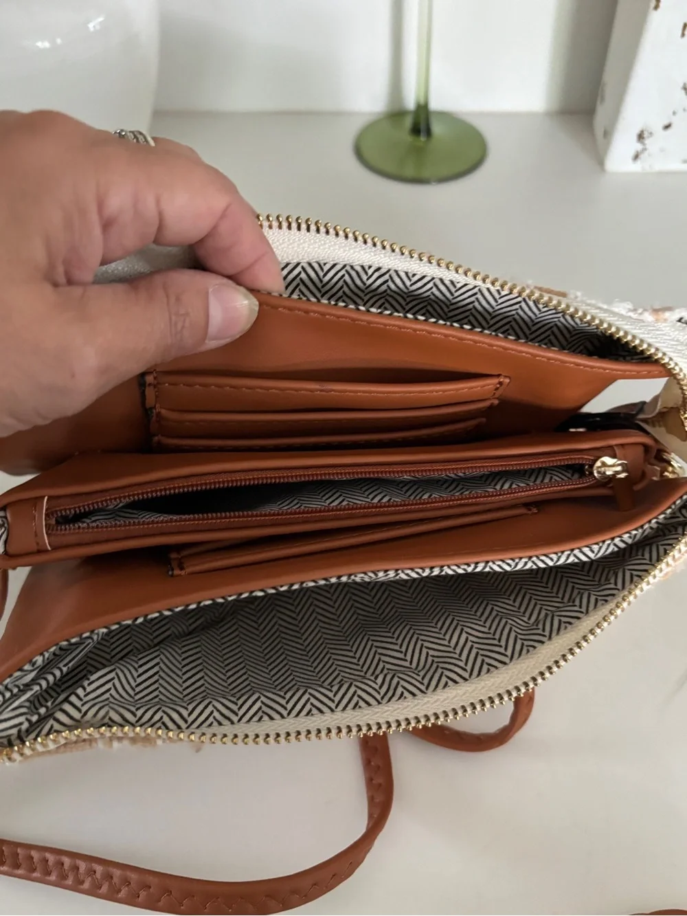 Woven Beige and White Houndstooth Crossbody Bag with Tan Strap